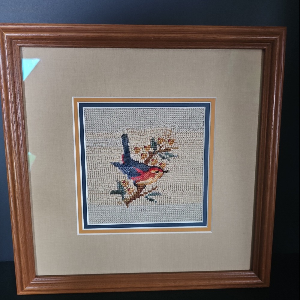Vintage Handmade Needlepoint Bird Framed Wall Textile Art Floral Craft Cottage